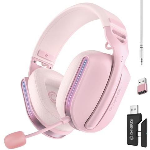 Oniverse Casque Gaming sans Fil Polaris Compatible PS5 PS4 Switch PC Mobile, Casque Gamer léger LED Faible Latence 2.4GHz ou Bluetooth, Batterie 33h, Son virtuel 7.1, Double Micro - Rose