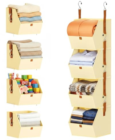 Cyiecweu Hängeorganizer, Faltbares Hängeaufbewahrung mit 4 Fächern, Abnehmbar Kleiderschrank Organizer Hängend aus Stoff, Hängeregal für Spielzeug, Wohnzimmer, Camping, Balkon, Schlafzimmer, Beige