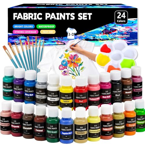 MinXin Peinture Textile, 24 Couleurs x 25ml Peintures pour Textiles, 10 Pinceaux et Palette, Peintures Textiles Imperméables Non Toxiques pour T-Shirts, Chaussures, Jeans, Sacs pour Enfant Adulte