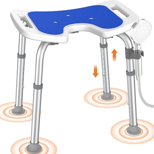 Luckfaith LC08 Shower Stool for Elderly, U-Shaped Bath Stool with Arms, Non-Slip Suction Feet, Supports 348 lbs, Adjustable Height Shower Chair for Small Showers, Seniors & Disabled Safe Bathing