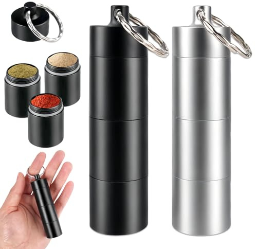 2 Pcs Mini Salzstreuer Schlüsselanhänger für Unterwegs, Aluminium Gewürzstreuer 3-In-1, Outdoor Wasserdicht Tragbare Gewürzdosen, für Camping, Picknick, Reise, Kleine Pillendose (Silber, Schwarz)
