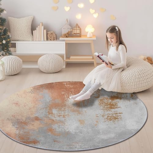 Alfombras Redondas para Sala de Estar 160 cm, Abstracto Desgastado metálico Alfombras Antideslizantes para Dormitorio mesita de Noche Cocina y decoración del hogar Beige
