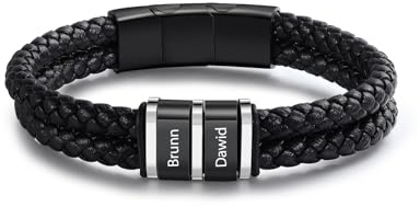 Jeweidea Pulsera Personalizada para Hombre de Cuero PU con Grabado de Nombre y Cuentas de Acero Inoxidable Ajustables para Papá Regalo para el Día del Padre (Nombre 2)