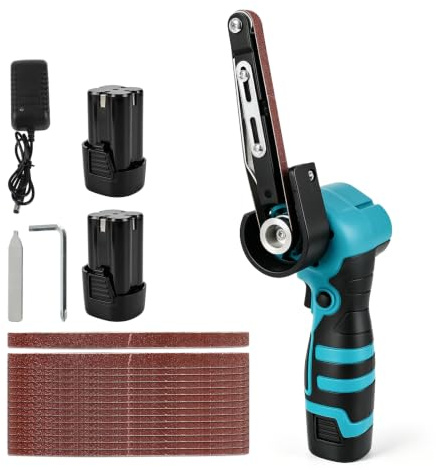Levigatrice a batteria con batteria e caricatore, levigatrice a nastro elettrica a mano con 15 nastri abrasivi grana 80-1000 e 2 batterie da 1500 mAh, per legno, metallo, lucidatura e sbavatura