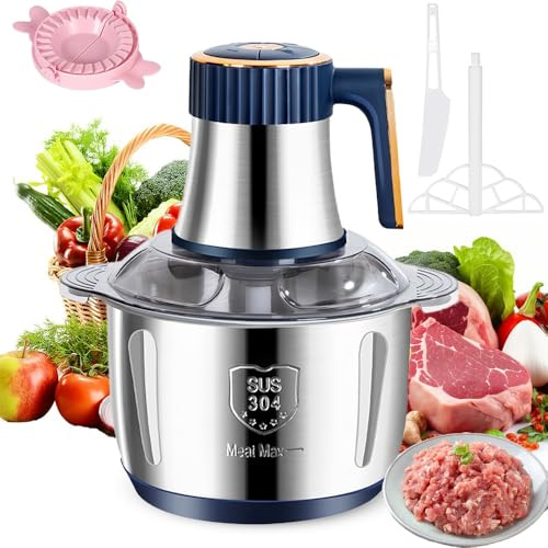 Picadora eléctrica 500 W, picadora de carne con cuenco de acero inoxidable 5 L y 6 cuchillas (5 L) | Robot de cocina, 40000 rpm, 5 ajustes de velocidad, mezclador picadora de cocina para carne de verduras y cebolla y frutas