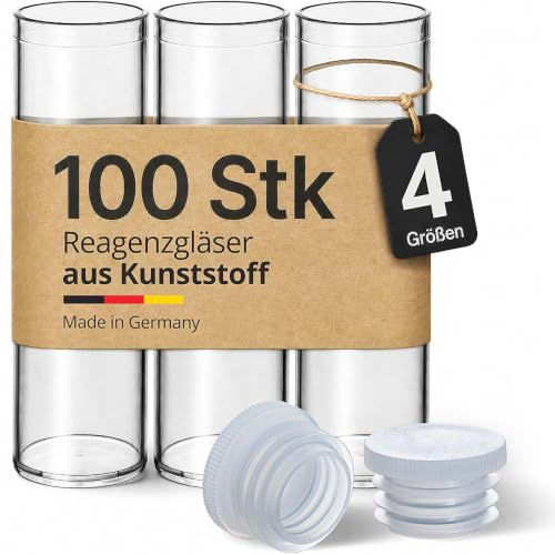 Tuuters 100 Stück Kunststoff Reagenzgläser mit Lamelle 75 x Ø23mm Röhrchen | 23ml Füllvolumen, 7,5cm hoch und 2,3cm breit, Kunststoffröhrchen mit Plastik Verschluss für Geschenke, Blumen und Samen