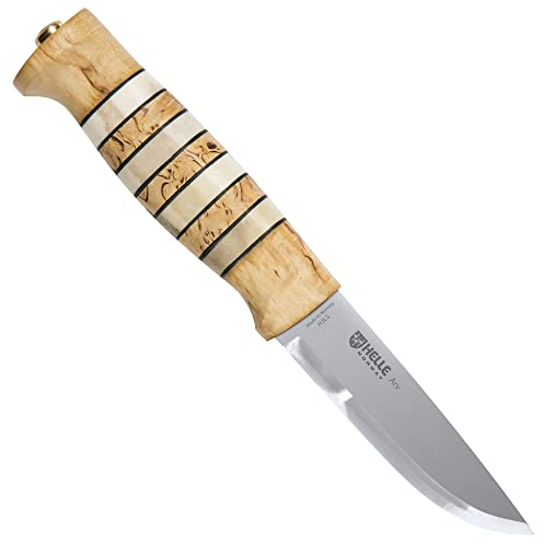 Helle Norway Unisex Outdoormesser Dreilagenstahl Rostfrei Drop Point Masurische Birke Horn-einlagen Braune Köcher-lederscheide Messer, Blau, M EU