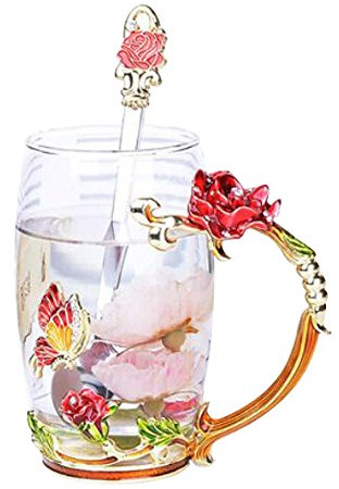 YBK Tech Creative Blume Glas Becher Crystal Glas Tee Tasse – Rot Butterfly und Rot Rose Big (350ml) With Gift Box