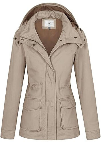 WenVen Giacca da Donna con Zip Cotone Casual Antivento Cappotto | Multi-tasche, Giacca Outdoor Donna, Windbreaker Leggero, Cintura Regolabile, Media Lunghezza, Slim Fit, Autunno & Inverno