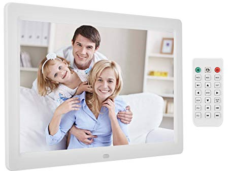 12 Pulgadas LED Marco de Fotos Digital 1080p HD 1280x800 16:10 Despertador Reproductor de Audio con Control Remoto Regalo para Cumpleaños, Boda(Blanco)