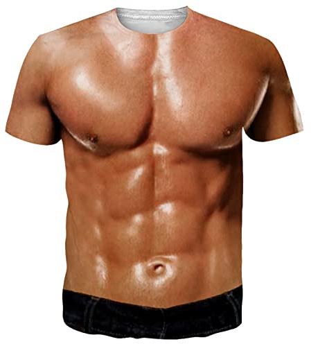 RAISEVERN Fake Muscle Mens T Shirt Funny Abs 3D Printed Cool Tee Shirt Sixpack Graphic T-Shirts Custom Womens Vintage 90S Teen Boys Party Gifts, M