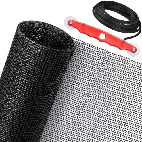 SAKURRY Window Screen Replacement Kit, 48'' x 99'' Fiberglass Screen Mesh with Rolling Tool and Screen Retainer Spline, DIY Adjustable Screen Door Mesh for Window, Door and Patio, Black