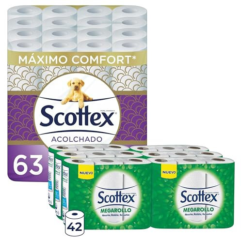 Scottex Papel Higiénico Acolchado 63 Rollos + Papel Cocina Megarollo 42 Rollos