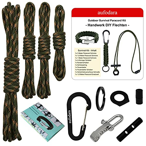 aufodara Survival Paracord Set, DIY Flechten Paracord Armband, Schlüsselanhänger, Halskette mit Feuerstahl, Knüpfset, Bastelset, mit Flechtanleitung und Ersatzseil (Grün Camo)