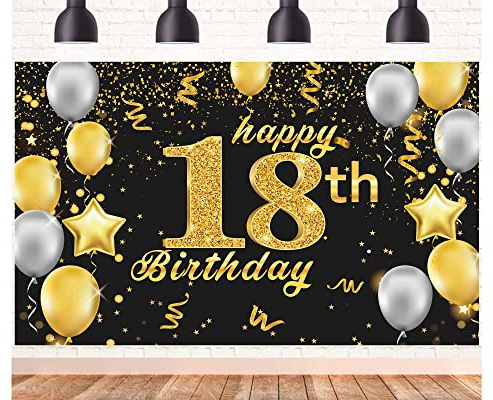 Happy 18th Birthday Banner,18th Birthday Decorations Black Gold,Party Backdrop Banner Fabric Banner for Men Women 18th Birthday Photo Backdrop,Photography Background,Outdoor Garden Table Wall Decor