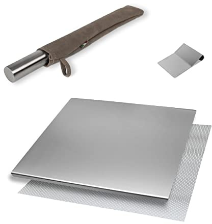 INOXLM BOX 3 PEZZI Tagliere/Spianatoia+tarocco/spatola+Mattarello custodia in tessuto|Piano di lavoro in Acciaio Inox Varie Misure Cucina Bar Ristorante|Piano Made in Italy (50x50, Custodia Tortora)