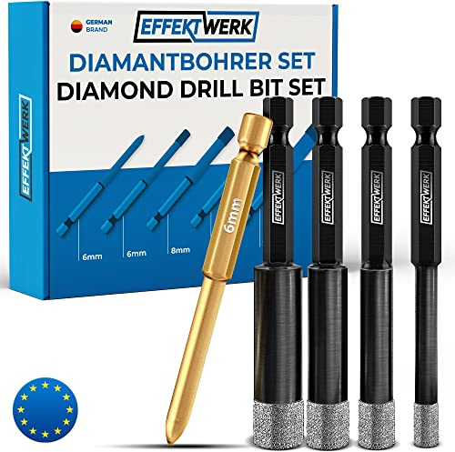 Effektwerk Set di punte per trapano per piastrelle per piastrelle dure, punta diamantata codolo esagonale 6, 8, 10, 12 mm, per vetro, granito, marmo, porcellana, gres