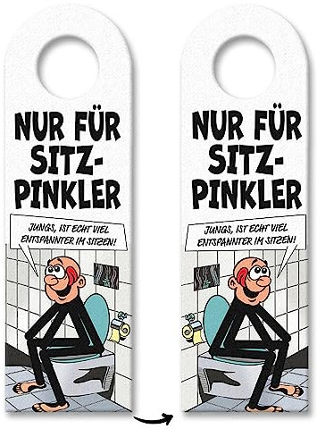 Bitte im Sitzen pinkeln Türhänger im Comic-Stil in weiß schwarz das perfekte Geschenk um den Männern im Haus zu zeigen das sie sich beim Wasserlassen gefälligst zu setzen haben