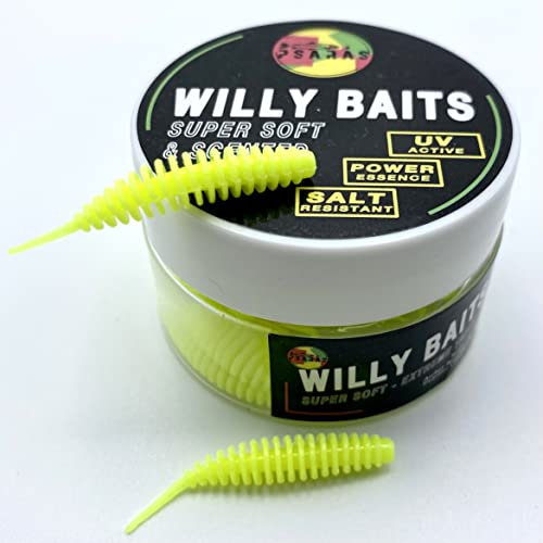 Willy Baits - 38mm - Forellen Softbaits Box - Knobi Aroma Lamellen Gummiwürmer - Trout Fishing (Neongelb, 20 STK. in der Box | Ködergröße 38 mm)