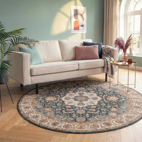 FRAAI | Home & Living Vintage Teppich Rund - Imagine Medaillon Bunt - Ø 160 cm - Baumwolle, Polyester - Flachgewebe - Vintage, Orientalisch - Wohnzimmer, Esszimmer, Schlafzimmer