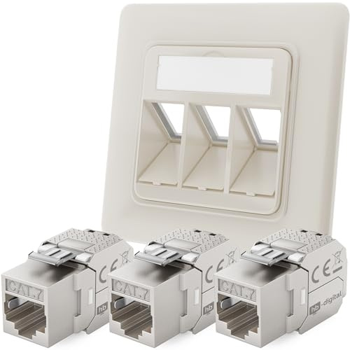 hb-digital 3-Port CAT 7 Netzwerkdose unterputz RAL9010 + 3X CAT 7 Keystone RJ45 Modul LAN Ethernet Keystone Dose Buchse Einbaubuchse für CAT 5e CAT 6 CAT 6a max. 10 Gbit/s STP - Reinweiß
