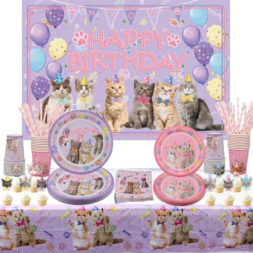 Cat Katze Party Set Partygeschirr, Umfasst alles Gute zum Geburtstag Kulisse, Teller, Tischdecke, Tassen, Strohhalme für Kinder Cat Party Dekorationen, dient 20 Gäste