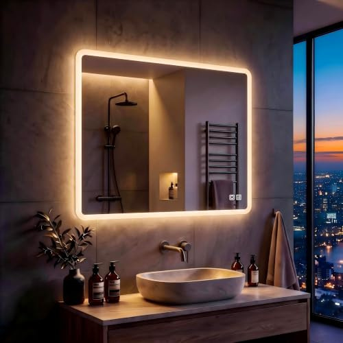 MIQU Badspiegel LED 70x50 cm Badezimmerspiegel mit Beleuchtung warmweiß/kaltweiß dimmbar Lichtspiegel Wandspiegel mit Touch + beschlagfrei rechteckig