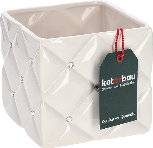 KOTARBAU® Glamour Keramik Blumentopf 14 x 14 x 13 cm mit Zirkonen Quadratisch Pflanztopf Weiß Pflanzkübel Blumenkübel für Zimmerpflanzen Übertopf für Pflanzen Gartentopf