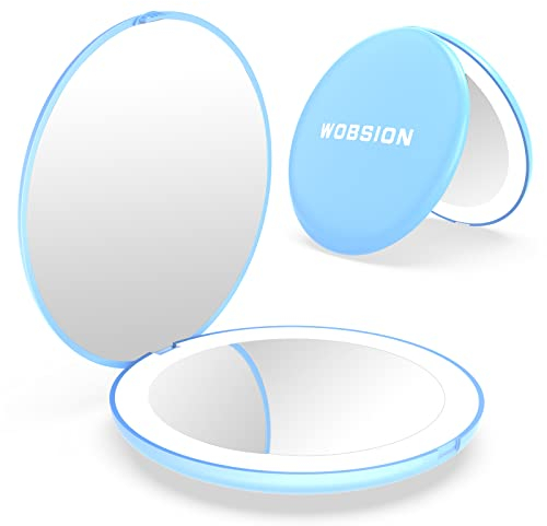 WOBSION LED Spiegel mit 1X / 10X Vergrößerung,Kleiner Reisespiegel mit Licht für Beleuchtung,Batteriebetrieben Taschenspiegel für Reise und Makeup,Tragbarer Handspiegel als Geschenk,Blau