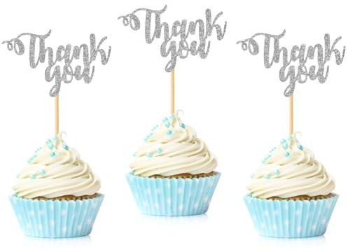 36 PCS Thank You Cupcake Toppers Glitter Thanksgiving Day Cupcake Picks for Wedding Anniversary Bridal Shower Baby Shower Boys Girls Birthday Party Cake Decorations Supplies Silver