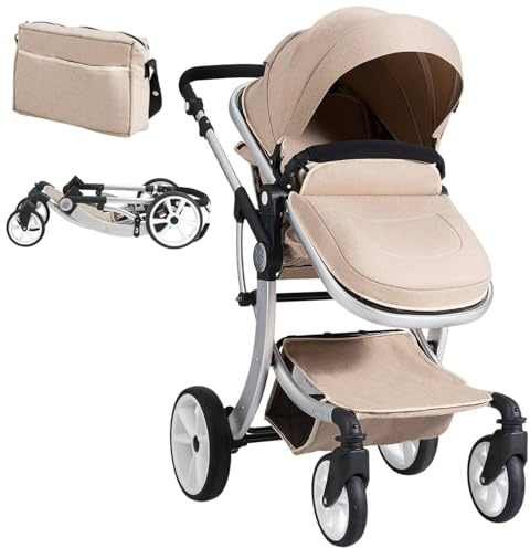 Maxmass Foldable Baby Pushchair, Lightweight Infant Stroller with Adjustable Handle & Canopy, Removable Foot Cover & Mosquito Net, Convertible Seat, Storage Bag, Toddler Buggy for 0-3 Year Old (Beige)