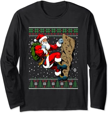 Pull de Noël moche Père Noël escalade Manche Longue