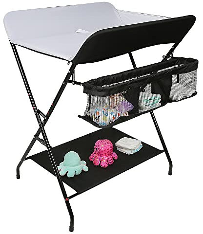 Klappbare Baby Wickelkommode, Babypflegetisch, Mobiler Wickeltisch mit Sicherheitsgurt und Ablagefächern, Wickeltische Tragbar, Platzsparend (79 * 55.5 * 96cm/schwarz weiß)