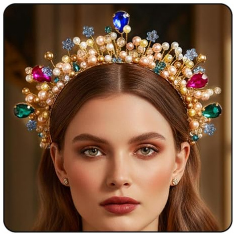 Vakkery Haarreif mit goldenen Perlen für die Hochzeit bunt Kristall Braut-Kopfschmuck Strass Haar-Accessoires für Frauen