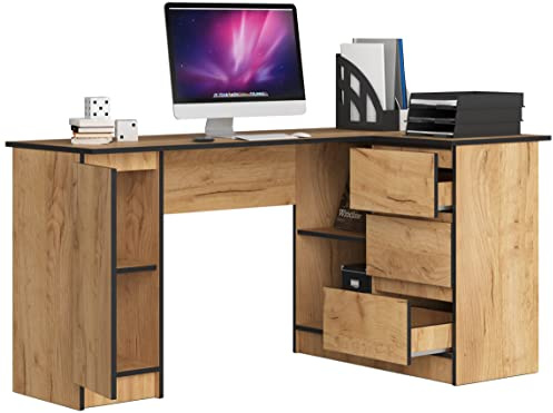 BDW Eckschreibtisch Rechts, 3 Schubladen und 4 Einlegeböden, viel Platz zum Ausbreiten, für Jugendzimmer, Büros und Ateliers, Computertisch, Arbeitstisch, Bürotisch, 155x77x99, Eiche Craft