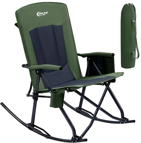 Portal Oversized Folding Rocking Camping Chair High Back Outdoor Rocker Portable for Outside Lawn Patio Travel Garden, Supports 400 lbs, Padded Back, Green Grey