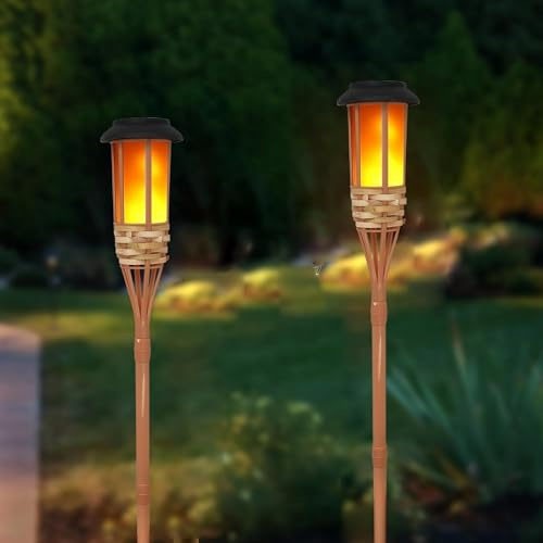 SUAVER Solarlampen handgemachte Bambus Furnier,Blinkende Flamme Solar Gartenleuchten,Wasserdichte Solarleuchte Gartenfackeln Solar Wegeleuchte für Hinterhöfe Rasen Beleuchtung Deko(2 Stück)