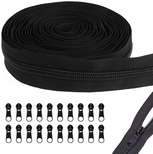 Endlosreißverschluss, 10 m Endlosreißverschluss mit Zipper, 2,5 cm Breit Nylon Reißverschluss Endlos, mit 20 Reißverschlusszügen, für Kleidung Tasche Mäppchen Bettwäsche, Schwarz