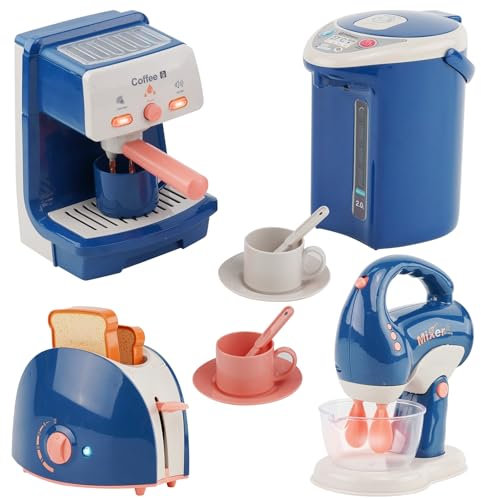 Pretend Play Kitchen Appliances Toy Coffee Maker Set Kids Coffee Machine Toys with Lights and Realistic Sounds with Coffee Maker, Blender, Mixer, Kettle,Play Food for Kids Toddlers Boys Girls Ages 3+