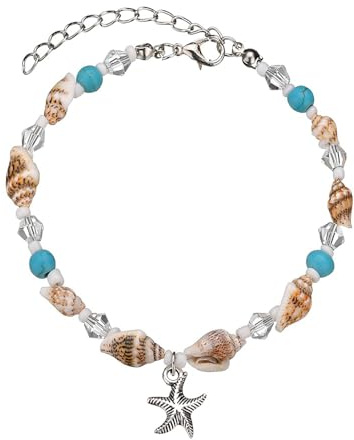 Faruodis Seestern Schildkröte Fußkettchen Armband Türkis Muschel Perlen Wachsseil Fußkettchen Hawaii Puka Muschel Sommer Strand Fuß Kette Schmuck für Frauen Damen (Silber B)