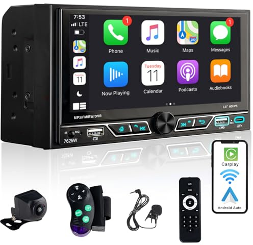 Alondy Double Din Car Stereo Compatible with [Wireless] Apple CarPlay/Android Auto 6.8 Inch Touchscreen Bluetooth AM/FM Radio 2X USB (Both 2.1A Fast Charge) Backup Camera
