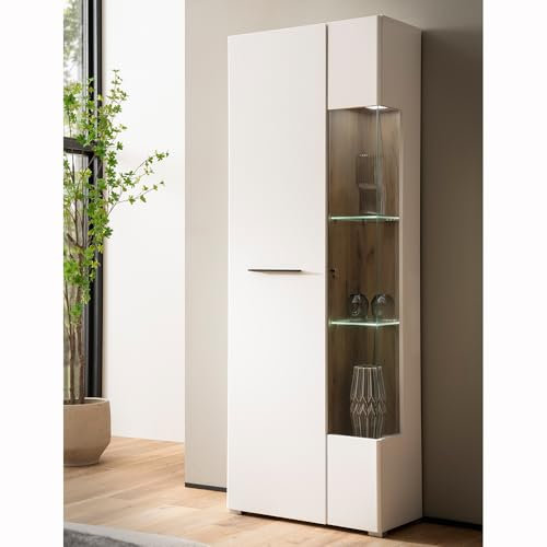 Lomadox Vitrine Vitrinenschrank Standvitrine inkl. LED Beleuchtung weiß mit Eiche spiegelverkehrt montierbar 72x200x34,5 cm