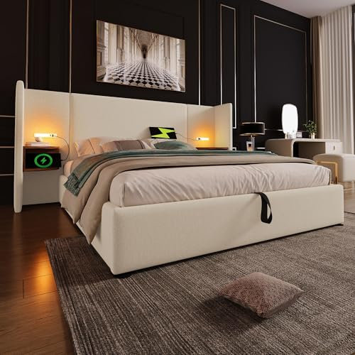 Polsterbett Doppelbett 180×200 mit Nachttisch, Leselampe und USB Type-C Ladefunktion, Bettanlage Stauraumbett Bettgestell mit Lattenrost aus Massivholz und Metall, Leinen(Ohne Matratze) (Beige)
