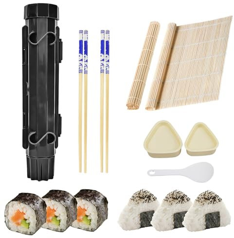 ZHTLTHZ Sushi Maker Set FüR AnhäNger, Tragbare Bazooka & 2 Bambusmatte & 2 Schimmel & 2 Stäbchen, Professionelle Abnehmbare Sushi Roller Rollmatte, DIY Home