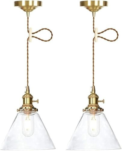 Confezione da 2 lampade a sospensione con paralume in vetro a imbuto, finitura in ottone, con base media, per la camera da letto
