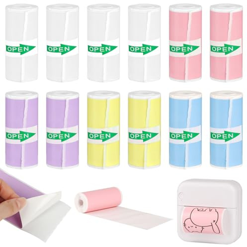 12 Rollen Thermopapier Selbstklebend, 57 x 25mm x 3m Mini Drucker Aufkleber | 5 Farben, Thermorollen Thermal Pinter Papier für kinderkamera, Sofortbildkameras Bedruckbarer Aufkleber - für Fotos, Notizen