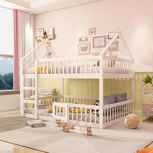 RIAZOS Etagenbett 140x200 cm, Kinderbett Massivholz, Familienbett für 2 Kinder, Hochbett mit Rausfallschutz, Stockbett mit 1 Lattenrost, Jugendbett Spielbett, ohne Matratze, Weiß