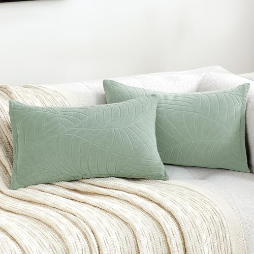 TOCOMOA Kissenbezug 30x50 2er Set Sofakissen Dekokissen Kissenbezüge Frottee, Hellgrün Dekorative Kissenhülle Zierkissen Blattmuster, Spritzwassergeschützter Couchkissen für Sofa Wohnzimmer