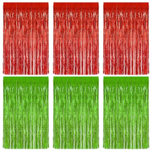 Vaktop 6 Stück Lametta Vorhang Grün Rot, Glitzervorhang Lametta, 1m x 2m | Glitzer Party Vorhang, Folien Fransen Hintergrund fur Party Deko Geburtstagsdeko Hochzeit Festivals Bühnendekor