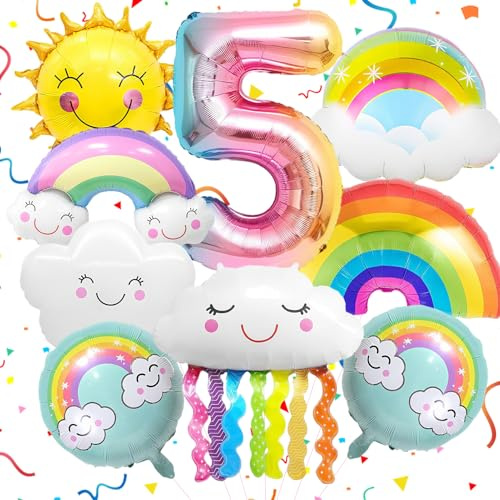 9 Stück Regenbogen Luftballons Set 5. Geburtstag, Kindergeburtstag Deko | Folienballons mit Wolken & Sonne, Geschenk zum 5. Geburtstag, für Babyfeier, Kinderzimmer, Fotografie, Jungen und Mädchen